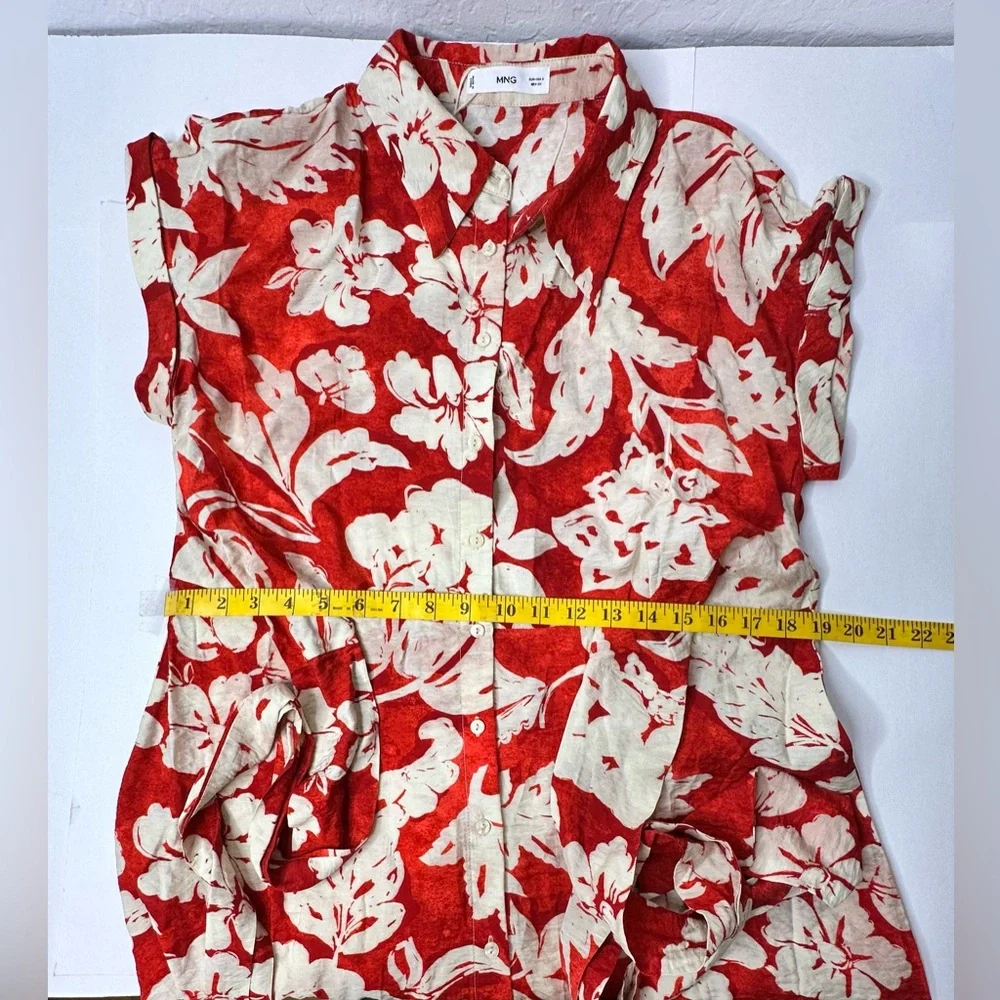 Mango Floral Shirt Dress Women’s Size Small Red Beige Bow Button Up Collared New